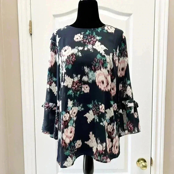 DR2 Blouse Sheer Ruffle Sleeve Bohemian Dark Floral Flowy Blue Size Small - Picture 14 of 14